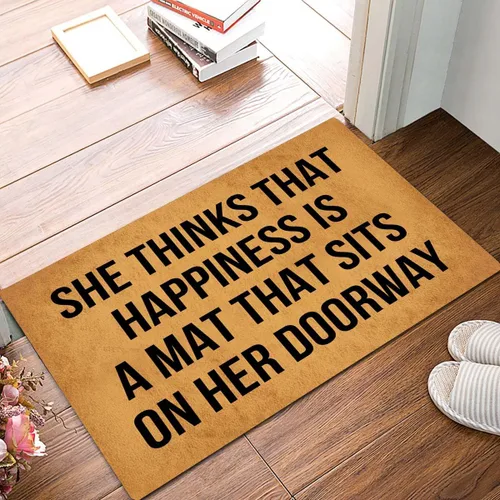 Miniatura 2 de Tapete divertido con texto en inglés "She Thinks That Happiness is A Mat" que se sienta en su puerta, antideslizante, para exteriores e interiores