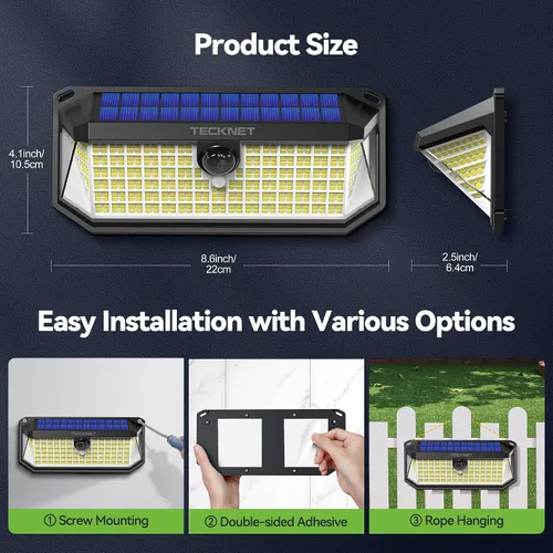 Miniatura 7 de TECKNET 4200LM 416 luces solares LED para exteriores IP66 impermeables, luces solares de movimiento para exteriores con ángulo de 300° y 3 modos