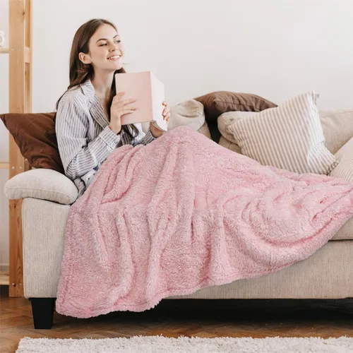 Miniatura 9 de PAVILIA Manta de sherpa para sofá, manta de felpa cálida y esponjosa rosa claro para cama, acogedora manta súper suave y ligera, manta decorativa