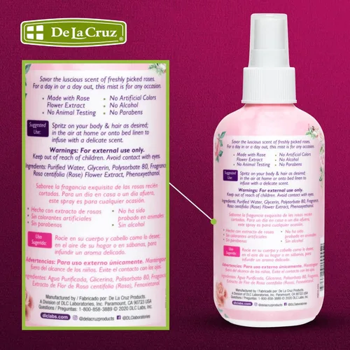 Miniatura 5 de De La Cruz Pure Rose Water - Aerosol de agua de rosas para cara, piel y cabello, tóner y agua de rosas para el cabello, sin alcohol, sin parabenos