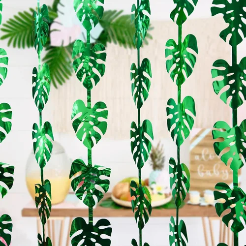 Miniatura 4 de Decoraciones tropicales para fiestas, paquete de 2 unidades de 3.3 x 6.6 pies, hojas de palmera tropicales verdes, cortina de flecos de hojas
