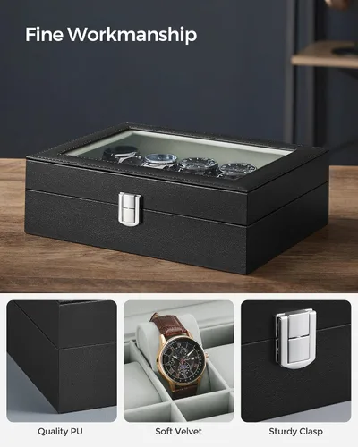 Miniatura 3 de SONGMICS Caja de reloj, caja de reloj de 10 ranuras con tapa de vidrio grande, almohadas extraíbles para reloj, organizador de caja de reloj, regalo