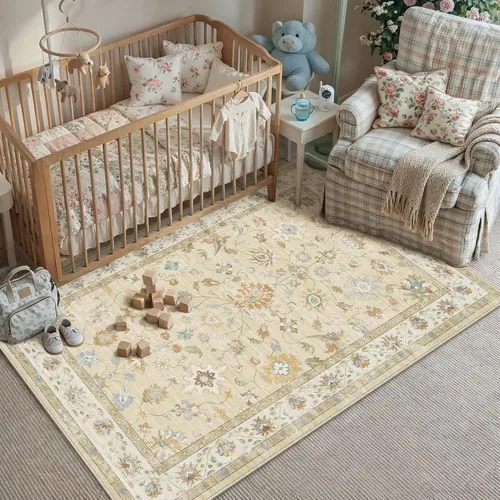 Miniatura 38 de HUGEAR Alfombra de entrada de 2 x 3 pulgadas, vintage, beige, pequeña, lavable a máquina, retro, floral, alfombra de pelo bajo, aspirable