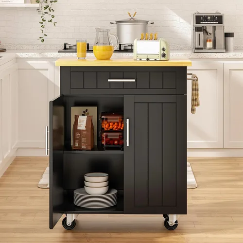Miniatura 9 de SUNLEI Carrito de isla de cocina con ruedas con armario de almacenamiento y cajón, mesa de cocina con ruedas de 26 pulgadas de ancho, asa