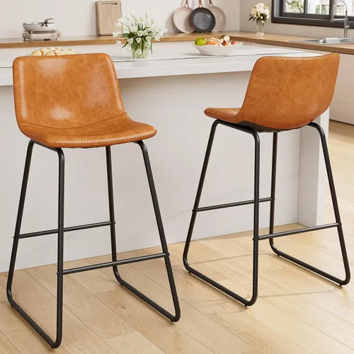 Miniatura 33 de REONEY Juego de 2 taburetes de bar de piel sintética de 26 pulgadas, taburetes de bar modernos con patas de metal y reposapiés, sillas urbanas sin