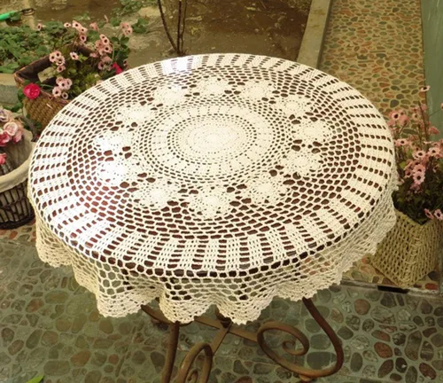 Miniatura 5 de Hetao Mantel redondo de ganchillo 100% algodón hecho a mano tapetes de encaje cubiertas de mesa, beige, 27 pulgadas