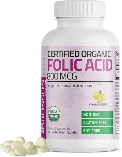 Bronson ácido fólico orgánico, con certificado USDA y Vegetariano, La mejor vitamina prenatal, 1