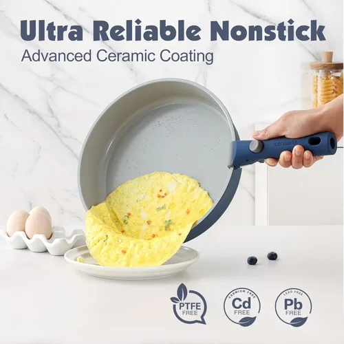 Miniatura 4 de SENSARTE Juego de 24 piezas de ollas y sartenes de cerámica, antiadherentes con mango desmontable, utensilios de cocina de inducción con mango Azul