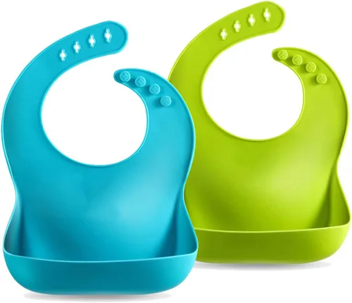 Miniatura 8 de PandaEar Paquete de 5 baberos de silicona impermeables para bebés, babero de alimentación súper fino y ligero con bolsillo para atrapar alimentos