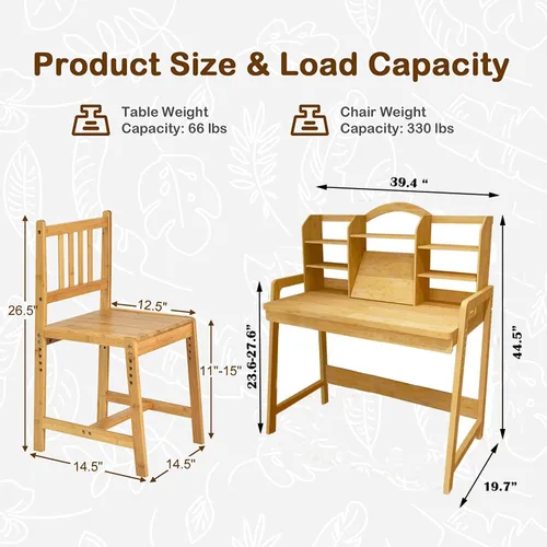Miniatura 4 de UNICOO Juego de escritorio y silla para niños, escritorio de estudio de bambú ajustable en altura con gabinete de almacenamiento y estantería, mesa