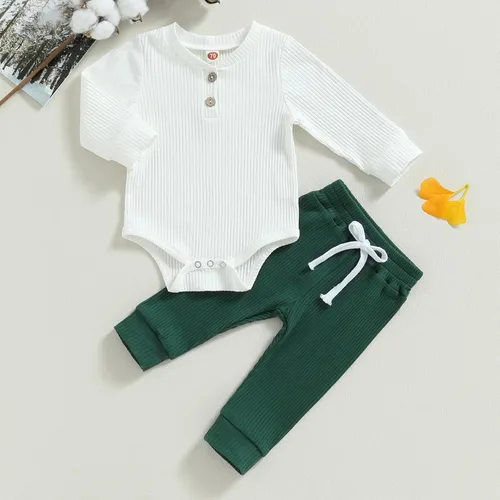 Miniatura 2 de Ropa de bebé recién nacido, ropa de punto acanalado, manga larga, pantalones de algodón sólido, trajes de otoño e invierno, 2 piezas