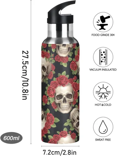 Miniatura 9 de Skulls Vibrant Red Roses Stainless Steel Vacuum Insulated Water Bottle 20 Oz Leakproof Water Bottles, BPA-Free Sport Water Bottle Insulated