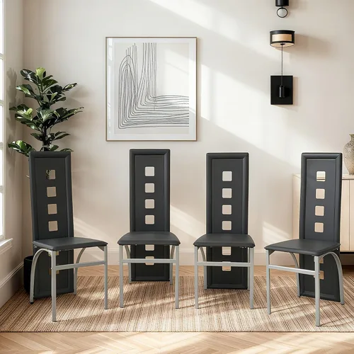 Miniatura 12 de Karl home Juego de 4 sillas de comedor, sillas de cocina de cuero sintético PU negro con respaldo alto acolchado y protección de tapas para pies