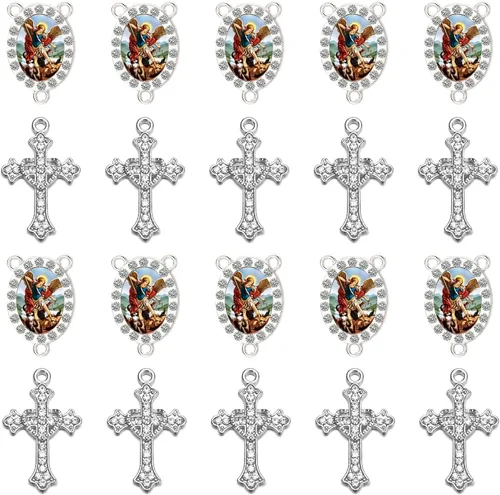 Miniatura 17 de Juego de 20 piezas de conectores de medalla de santos católicos con diamantes de imitación y dijes de cruz de cristal para suministros religiosos
