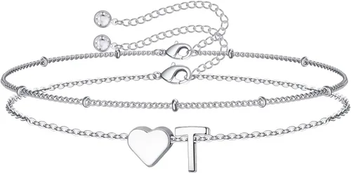 Miniatura 16 de M MOOHAM Pulseras de oro con inicial de corazón para mujer, pulseras con dije de letra A-Z de corazón dorado en capas para mujer, pulseras