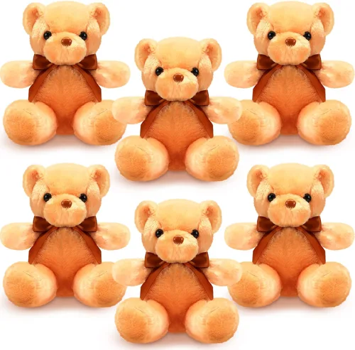 HyDren 6 piezas de oso de peluche suave para niños, juguetes de regalo, decoración de baby shower (felpa corta, marrón)