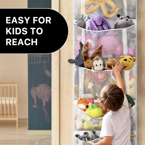 Miniatura 5 de Simple Houseware Organizador de almacenamiento de animales de peluche sobre la puerta, soporte para juguetes colgantes con 6 bolsillos de malla