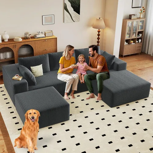 Miniatura 81 de Sofá modular de 95 pulgadas con otomana, moderno sofá nube de pana con asiento profundo, sofá sin hueso tapizado de 3 plazas en forma de U para sala