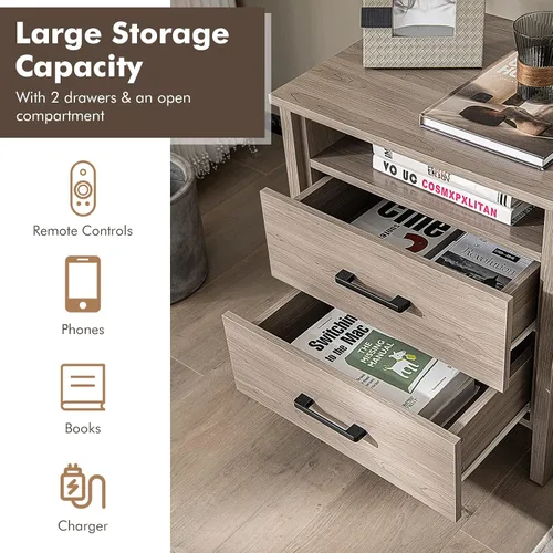 Miniatura 7 de Giantex Mesita de noche con 2 cajones, mesa auxiliar de madera con estante de almacenamiento abierto y agujero para cable, mesita de noche