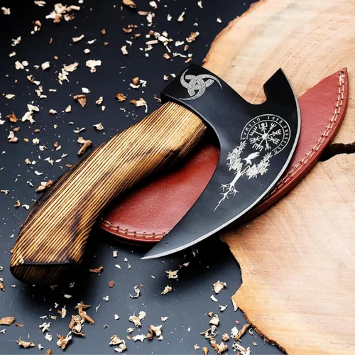 Miniatura 6 de SHINY CRAFTS® Hacha cortadora de pizza vikinga, hoja de acero al carbono con grabado y funda negra, auténtico regalo medieval para él, hacha Sca-027