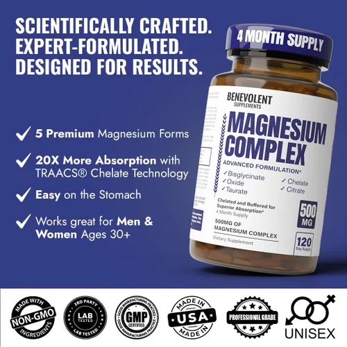 Miniatura 4 de Suplemento de complejo de magnesio, suministro de 4 meses de 500 mg de bisglicinato 5 en 1, óxido, taurato, aspartato, citrato, suplemento