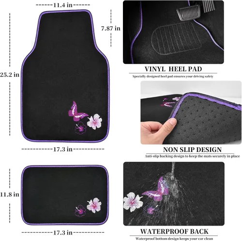Miniatura 5 de CAR PASS Juego completo de fundas de asiento de coche de tela universal con mariposas, alfombrillas de coche impermeables bordadas con flores, funda