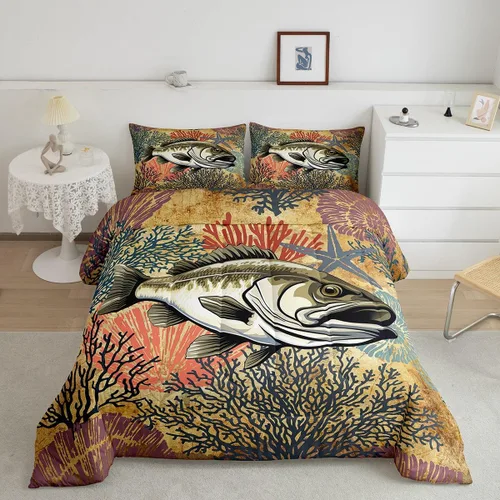 Miniatura 20 de Erosebridal Juego de ropa de cama de pesca tamaño individual, juego de edredón de peces coloridos para niños, adolescentes, hombres, pescadores