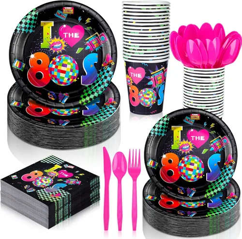 Yungyan Juego de 252 platos y servilletas retro de los años 80 I Love the 1980s Party Decor Back to the 80s Servilletas platos, vasos, cuchillos,