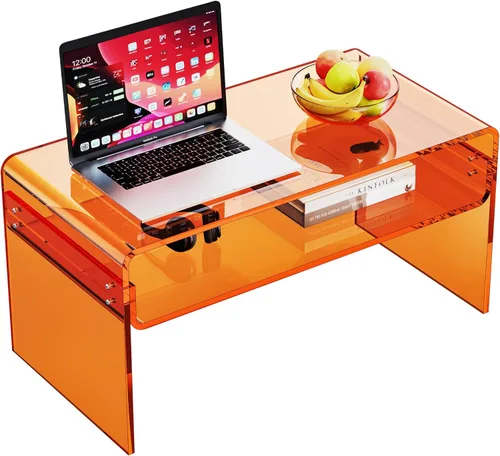 Miniatura 13 de Mesa de café acrílica para sala de estar con estante de almacenamiento abierto, mesa rectangular transparente de Lucite (1, Transparente, Normal)