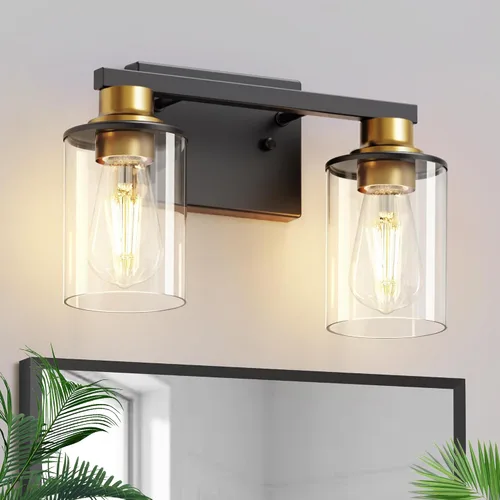 Miniatura 13 de L LOHAS LED Lámparas de baño negras de 2 luces, accesorios de iluminación modernos sobre espejo con pantalla de vidrio transparente, luces