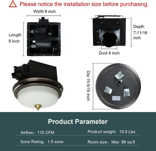 Miniatura 6 de Akicon Extractor de baño con luz, ultra silencioso de 110 CFM 1.5 Sones Ventilación de escape de baño Combo de luz y luz nocturna, 3 años de Blanco