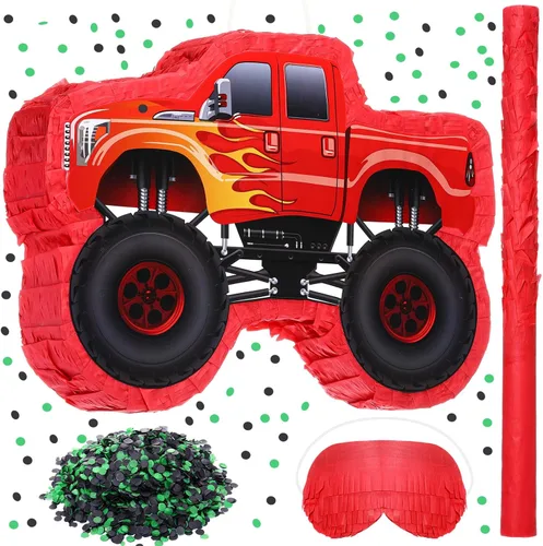 Sratte Piñata de camión para niños, decoraciones de fiesta de cumpleaños, piñata de coche de carreras de monstruos con palo para los ojos vendados,