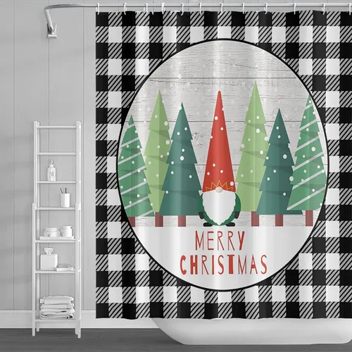 Yeele Cortina de ducha de Feliz Navidad, diseño de rejilla blanca y negra, para invierno, árbol de Navidad, gnomo, juego de cortinas de ducha 2