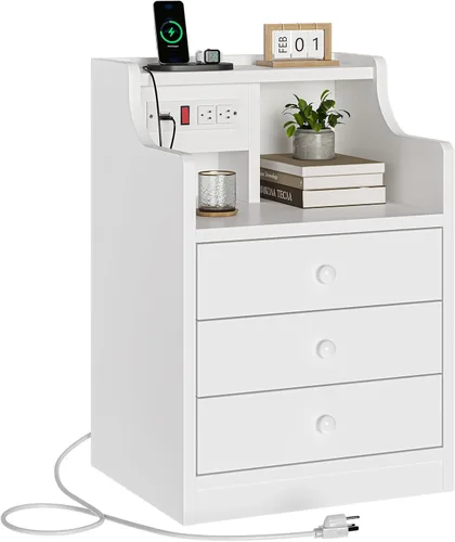 Miniatura 11 de ADORNEVE - Mesita de noche con estación de carga, mesita negra para dormitorio, mesa auxiliar con aparador y cajones de almacenamiento