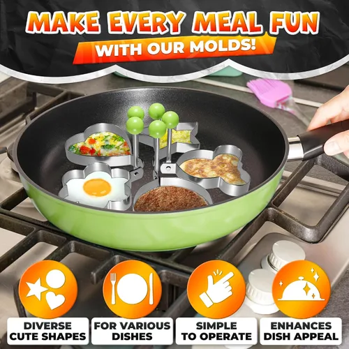 Miniatura 4 de Juego de 5 moldes para panqueques – Moldes de acero inoxidable para panqueques para plancha con formas divertidas, asas plegables – Moldeador