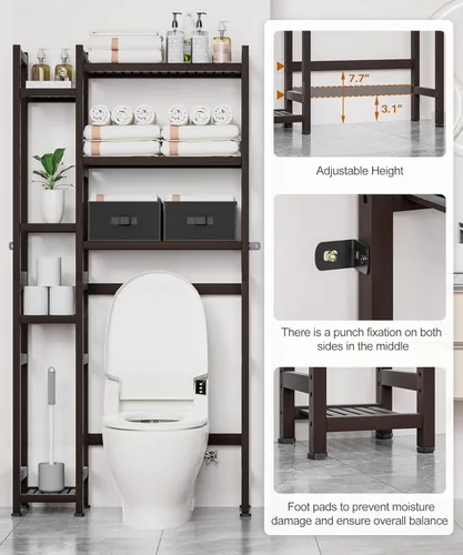 Miniatura 5 de Homde Organizador de Almacenamiento Sobre el Inodoro con Cesta y Cajón, Organizador de Baño de Bambú con Estante Ajustable y Patas Impermeables