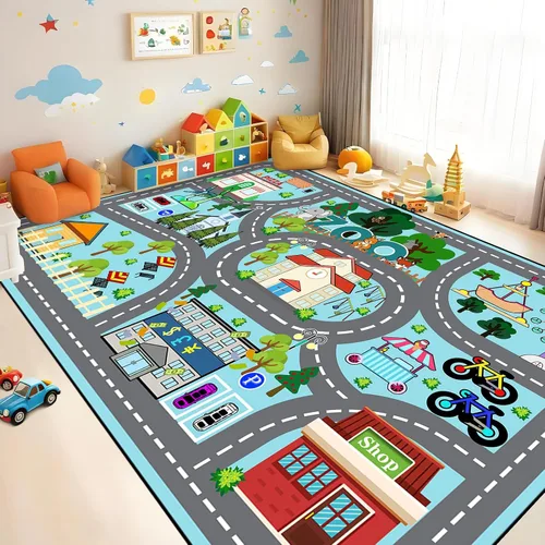 Miniatura 21 de Alfombra de carretera para habitación de niños, alfombra de juego azul para pista de carreras, alfombra de coche para dormitorio, sala