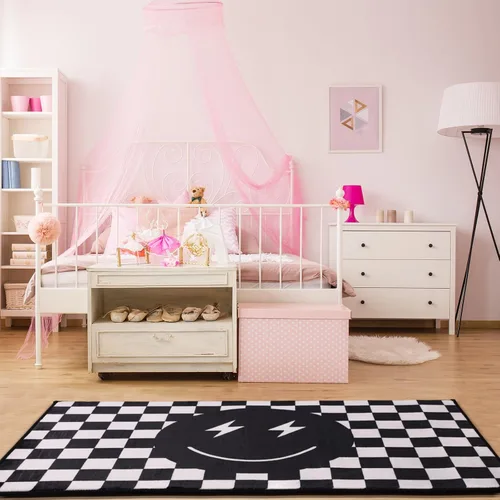 Miniatura 6 de Demissle Alfombra negra con diseño de sonrisa, diseño a cuadros, divertida, para dormitorio, contemporánea, a cuadros, decoración de habitación