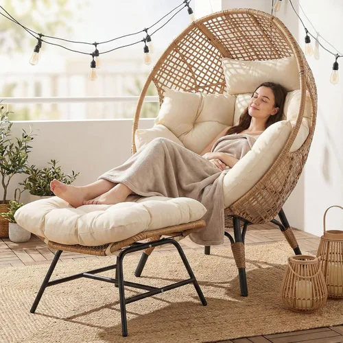 NICESOUL Silla con forma de huevo de mimbre con otomano, silla de salón con cesta de huevo para interior y exterior con cojín, asiento de huevo