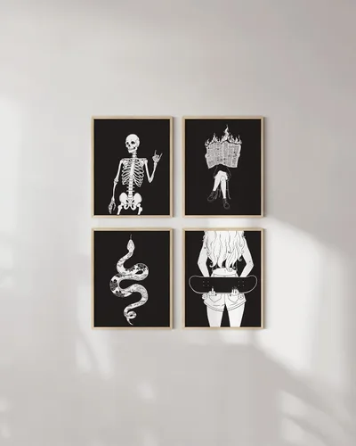 Miniatura 5 de HAUS AND HUES Decoración gótica de pared, juego de 4 impresiones de Halloween, arte de pared de terror y esqueleto, obra de arte espeluznante