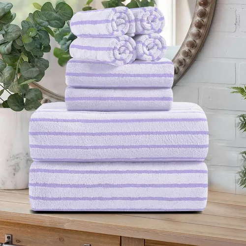 Miniatura 16 de Juego de 8 toallas de baño grandes a rayas estilo cabana color verde militar - Sábana de baño extragrande - 2 toallas de baño, 2 toallas de mano, 4