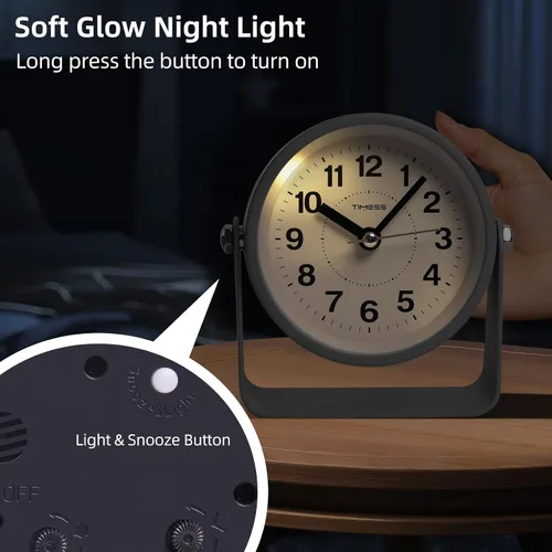 Miniatura 5 de Reloj de alarma analógico, silencioso, de movimiento de cuarzo sin tictac, funciona con pilas, con función de repetición y luz bajo demanda, fácil