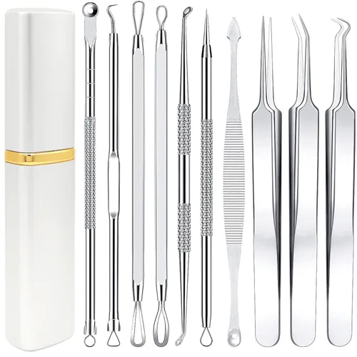 Kit de herramientas para eliminar espinillas - Boxoyx 10 piezas de removedor de puntos negros, extractor de comedones con estuche de metal para la