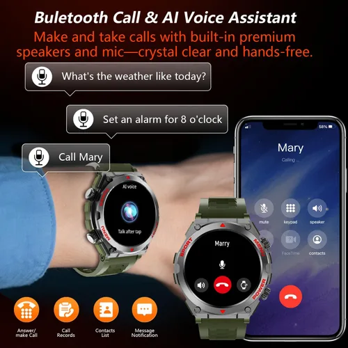 Miniatura 2 de Reloj inteligente militar para hombre con preguntas y respuestas AI (respuesta/hacer llamadas/respuesta SMS), reloj inteligente HD de 1.52 pulgadas