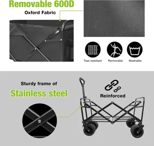 Miniatura 7 de Carro de playa plegable con ruedas grandes todo terreno para arena, carros plegables resistentes con mango ajustable para exteriores, jardín