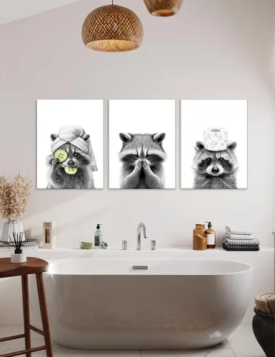 Miniatura 3 de Adorable póster artístico de mapache para baño, divertido póster de decoración de pared en blanco y negro, impresiones en lienzo de animales lindos