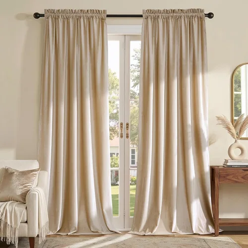 PRIMROSE Cortinas de terciopelo de 63 pulgadas para sala de estar, color beige champán, con bolsillo para barra, cortinas opacas para ventana,
