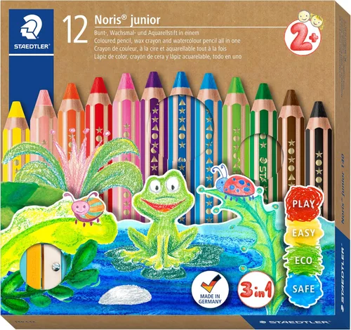 STAEDTLER Noris Junior - Lápices de colorear jumbo 3 en 1: 12 unidades, lápiz de colores, lápices de cera y lápiz de acuarela, todo en uno, arte