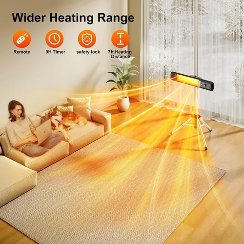 Miniatura 6 de Calentador de patio al aire libre con control remoto, calentador eléctrico infrarrojo con trípode, altura ajustable de 68 pulgadas, temporizador