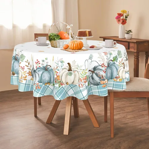 Miniatura 15 de Yighty Mantel Redondo de Navidad de 60 x 60 pulgadas, Mantel de Mesa de Decoración Navideña de Árbol y Alce, Poliéster Impermeable y Resistente a